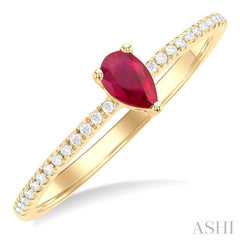 1/10 ctw Petite 5x3 MM Pear Cut Ruby and Round Cut Diamond Precious Fashion Ring in 10K Yellow Gold