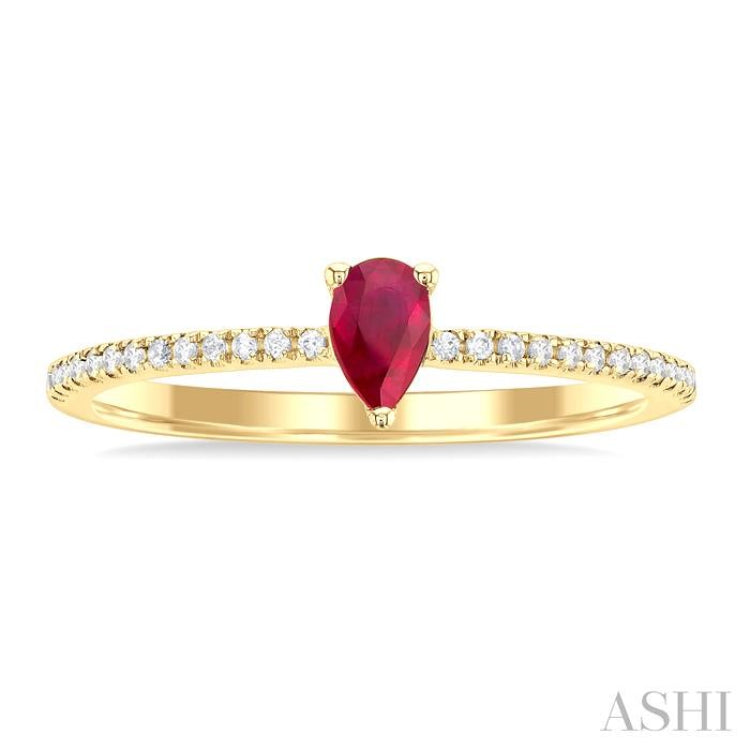 1/10 ctw Petite 5x3 MM Pear Cut Ruby and Round Cut Diamond Precious Fashion Ring in 10K Yellow Gold