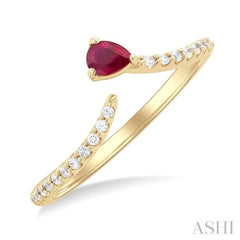 1/10 ctw Petite 4X3 MM Pear Cut Ruby and Round Cut Diamond Precious Fashion Ring in 10K Yellow Gold