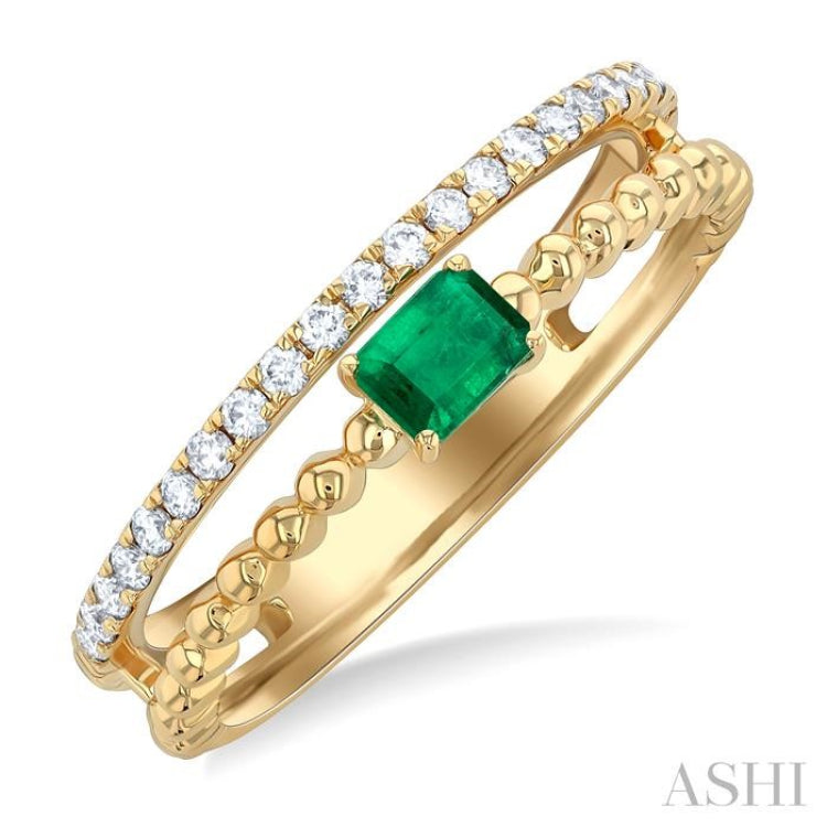 4X3MM Emerald and 1/5 ctw Single Cut Diamond Precious Split Twin Ring in 10K Yellow Gold