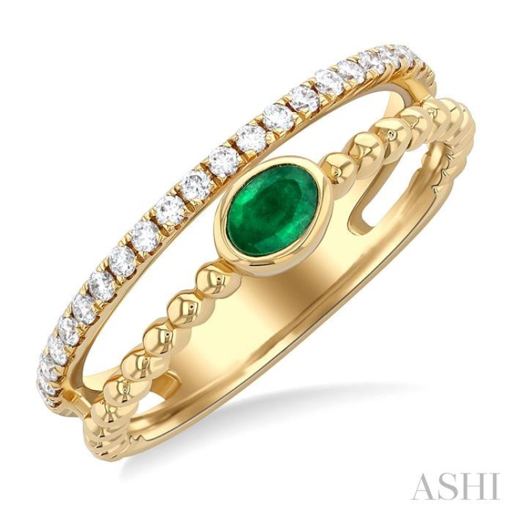 4X3MM Oval Shape Emerald and 1/5 ctw Single Cut Diamonds Precious Fashion Split Twin Ring in 10K Yellow Gold