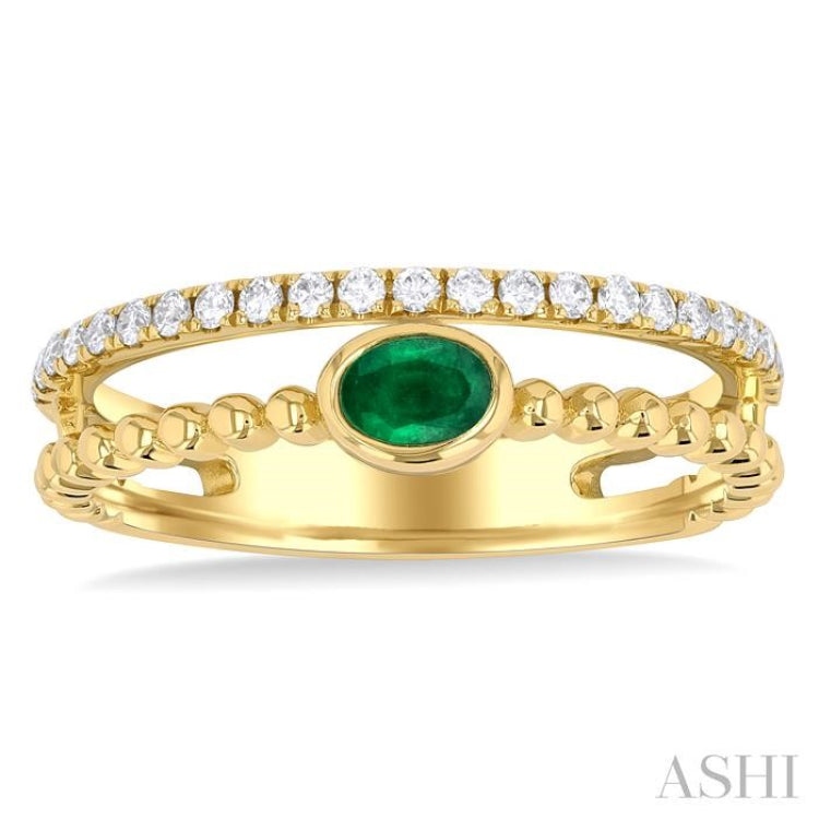 4X3MM Oval Shape Emerald and 1/5 ctw Single Cut Diamonds Precious Fashion Split Twin Ring in 10K Yellow Gold