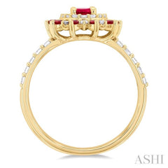 3/8 ctw Floral 6X4 MM Oval & 1.5 MM Round Cut Ruby and Round Cut Diamond Precious Ring in 14K Yellow Gold