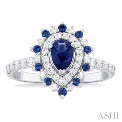 3/8 ctw Floral 6X4 MM Pear & 1.5 MM Round Cut Sapphire and Round Cut Diamond Precious Ring in 14K White Gold