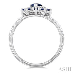 3/8 ctw Floral 6X4 MM Pear & 1.5 MM Round Cut Sapphire and Round Cut Diamond Precious Ring in 14K White Gold