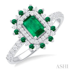 1/3 ctw Floral 6X4 MM Emerald & 1.5 MM Round Cut Ruby and Round Cut Diamond Precious Ring in 14K White Gold