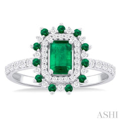 1/3 ctw Floral 6X4 MM Emerald & 1.5 MM Round Cut Ruby and Round Cut Diamond Precious Ring in 14K White Gold