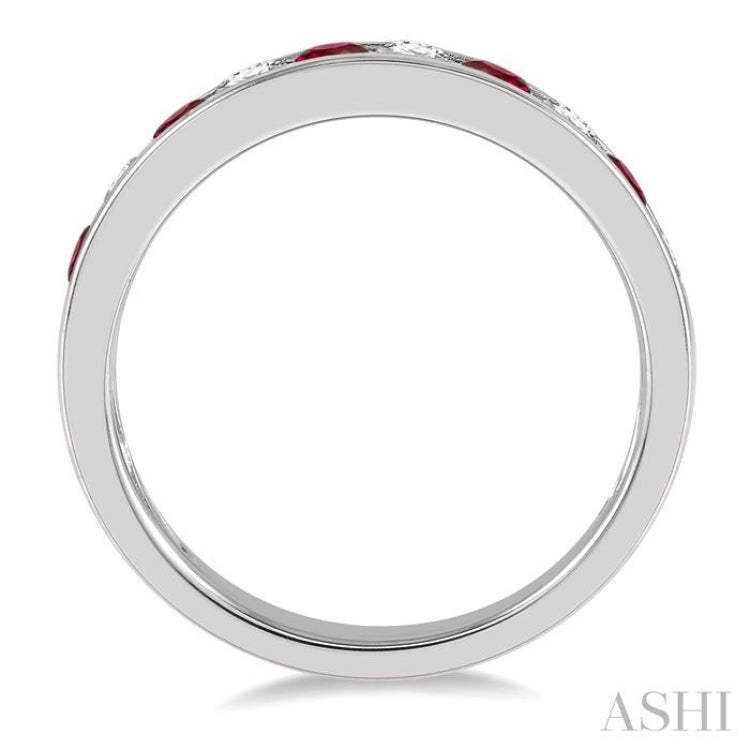 3/8 ctw Round Cut Diamond and 2.6MM Ruby Precious Wedding Band in 14K White Gold