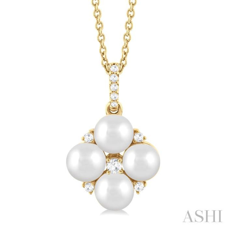 5x5 MM Round Shape Floral Cultured Pearls and 1/10 Ctw Round Cut Diamond Fashion Pendant With Chain in 10K Yellow Gold