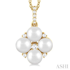 5x5 MM Round Shape Floral Cultured Pearls and 1/10 Ctw Round Cut Diamond Fashion Pendant With Chain in 10K Yellow Gold