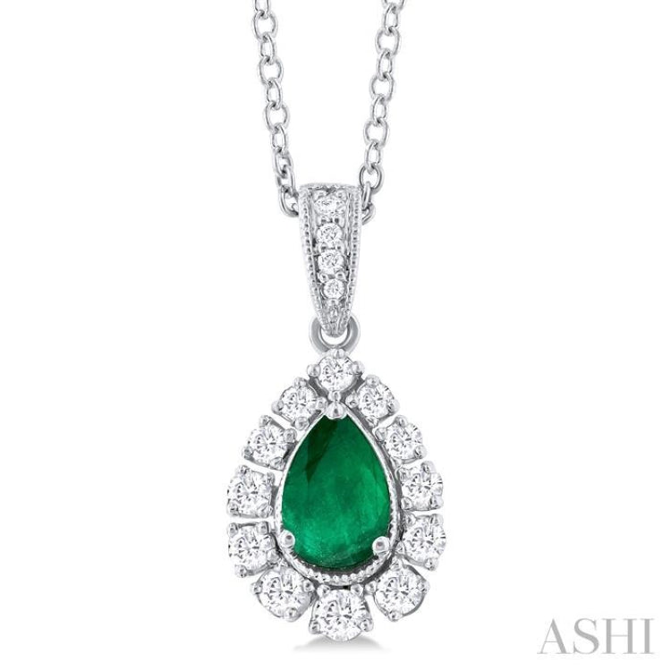 1/4 ctw Pear Cut 6X4 MM Emerald and Round Cut Diamond Precious Pendant With Chain in 14K White Gold