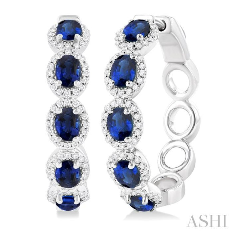 1/2 ctw Oval Cut 4X3 MM Sapphire and Round Cut Diamond Halo Precious Hoop Earring in 14K White Gold