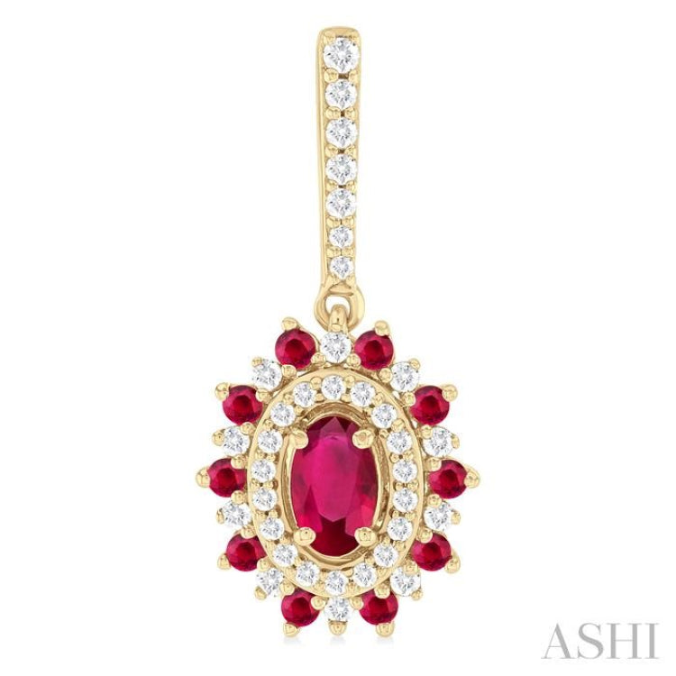 1/3 ctw 5x3 MM & 1.45 MM Ruby and Round Cut Diamond Precious Earring in 14K Yellow Gold