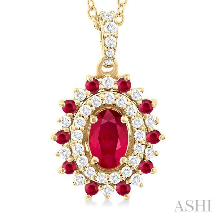 1/4 ctw Floral 6X4 MM Oval & 1.55 MM Round Cut Ruby and Round Cut Diamond Precious Pendant With Chain in 14K Yellow Gold