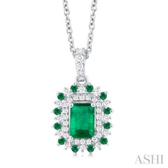 1/5 ctw Floral 6X4 MM Emerald & 1.55 MM Round Cut Emerald and Round Cut Diamond Precious Pendant With Chain in 14K White Gold