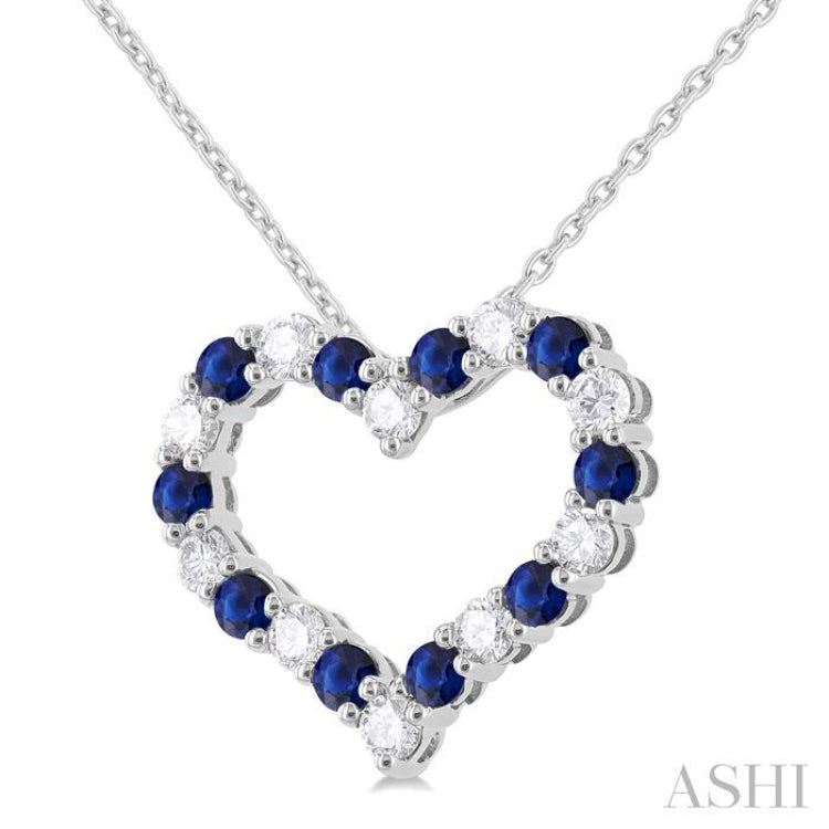 1/2 ctw Open Heart 2.3 MM Round Cut Sapphire and Round Cut Diamond Precious  Fashion Pendant With Chain in 14K White Gold