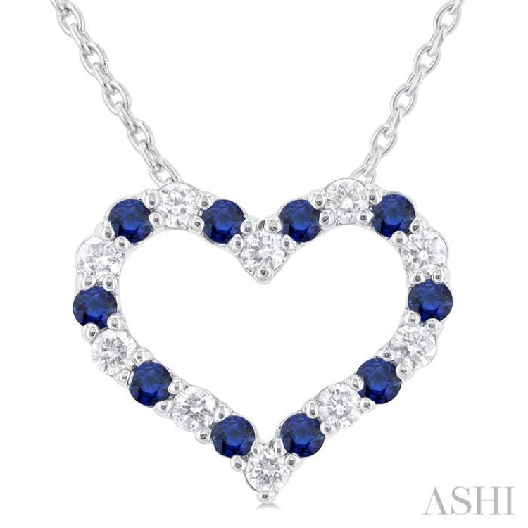 1/8 ctw Open Heart 1.4 MM Round Cut Sapphire and Round Cut Diamond Precious  Fashion Pendant With Chain in 14K White Gold