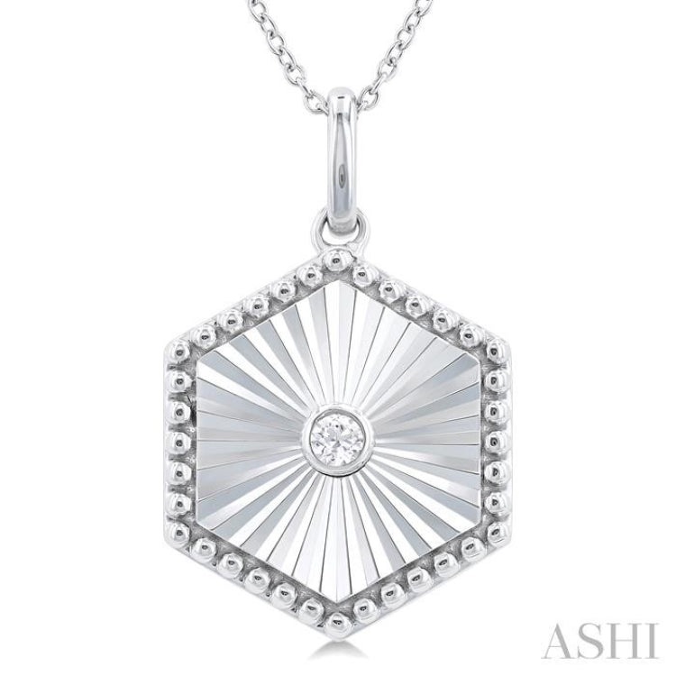 1/20 ctw Hexagon fluted medallion Round Cut Diamond Pendant With Chain in Sterling Silver