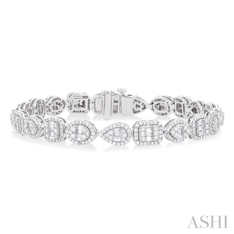 3 1/5 ctw Mixed Shape Halo Fusion Baguette and Round Cut Diamond Bracelet in 14K White Gold