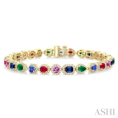 4X3 MM & 4 MM Mixed Shape Gemstone and 1 1/3 ctw Round Cut Halo Diamond  Bracelet in 14K Yellow Gold