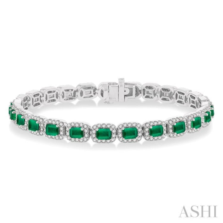 2 1/5 ctw 4X3 MM Emerald and Round Cut Diamond Halo Precious Bracelet in 14K White Gold