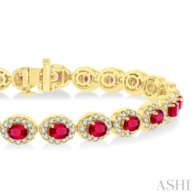 2 1/6 ctw Oval Cut 4X3 MM Ruby and Round Cut Diamond Halo Precious Bracelet in 14K Yellow Gold