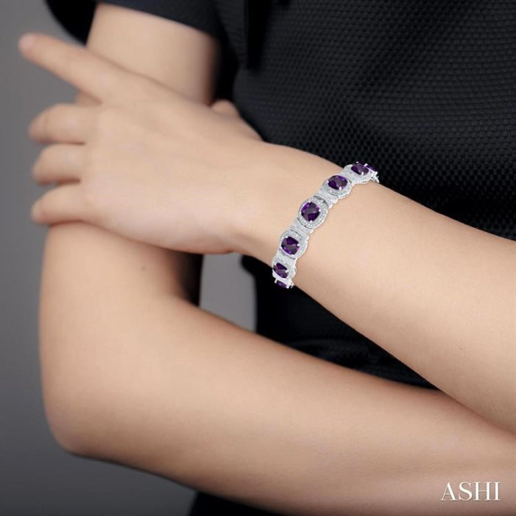 1/10 ctw Cushion Shape 7X7 MM Amethyst and Round Cut Diamond Semi Precious Bracelet in Sterling Silver