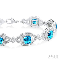 1/10 ctw Cushion Shape 7X7 MM Blue Topaz and Round Cut Diamond Semi Precious Bracelet in Sterling Silver