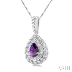 1/20 ctw Pear Cut 7X5 MM Amethyst and Round Cut Diamond Semi Precious Pendant With Chain in Sterling Silver