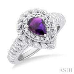 1/20 ctw Pear Cut 7X5 MM Amethyst and Round Cut Diamond Semi Precious Ring in Sterling Silver