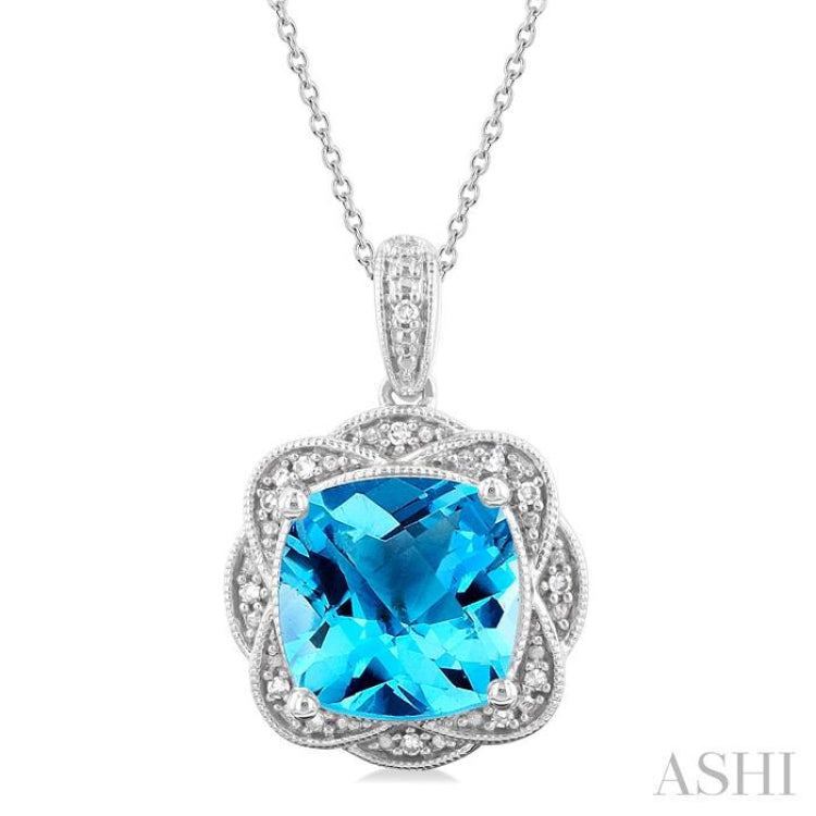 1/20 ctw Cushion Shape 10X10 MM Blue Topaz and Round Cut Diamond Semi Precious Pendant With Chain in Sterling Silver