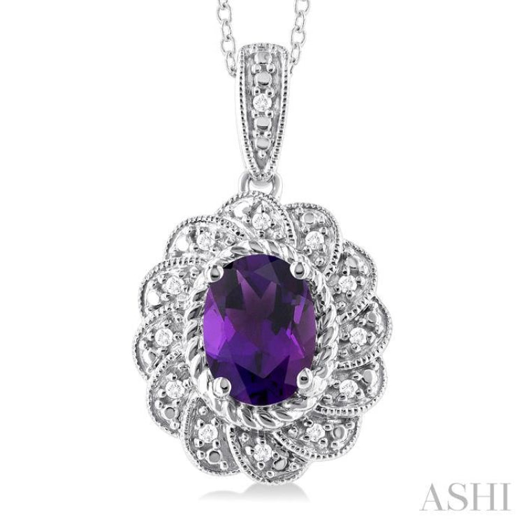 1/20 ctw Oval Cut 8X6 MM Amethyst and Round Cut Diamond Semi Precious Pendant With Chain in Sterling Silver