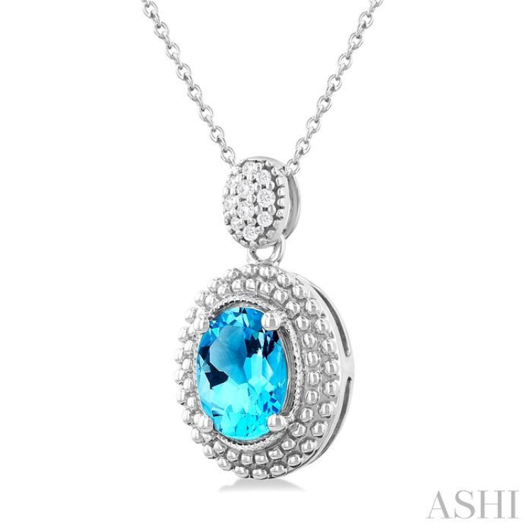 1/20 ctw Oval Cut 8X6 MM Blue Topaz and Round Cut Diamond Semi Precious Pendant With Chain in Sterling Silver