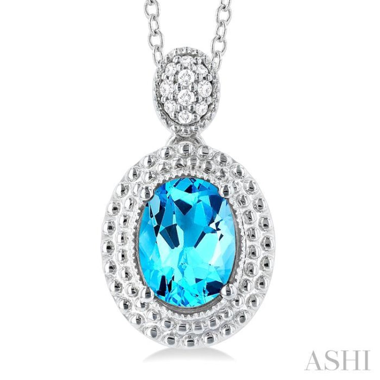 1/20 ctw Oval Cut 8X6 MM Blue Topaz and Round Cut Diamond Semi Precious Pendant With Chain in Sterling Silver