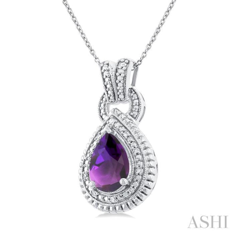 1/20 ctw Pear Cut 10X7 MM Amethyst and Round Cut Diamond Semi Precious Pendant With Chain in Sterling Silver