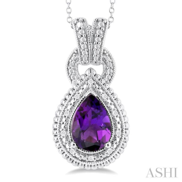 1/20 ctw Pear Cut 10X7 MM Amethyst and Round Cut Diamond Semi Precious Pendant With Chain in Sterling Silver