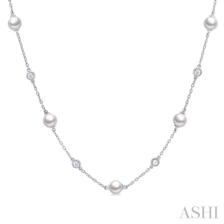 1/4 ctw White 5 MM Cultured Pearls and Round Cut Diamond Station Necklace in 14K White Gold