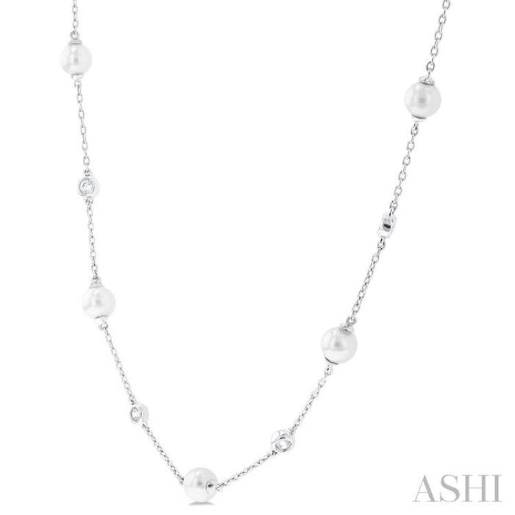 1/4 ctw White 5 MM Cultured Pearls and Round Cut Diamond Station Necklace in 14K White Gold