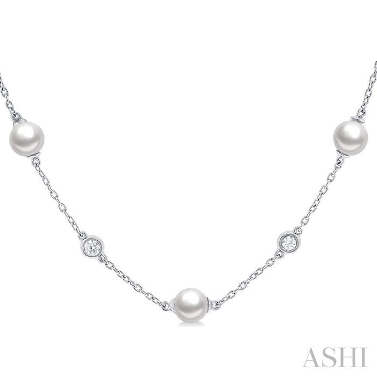 1/4 ctw White 5 MM Cultured Pearls and Round Cut Diamond Station Necklace in 14K White Gold