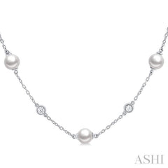 1/4 ctw White 5 MM Cultured Pearls and Round Cut Diamond Station Necklace in 14K White Gold