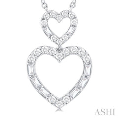 1/3 ctw Twin Heart Fusion Baguette and Round Cut Diamond Necklace in 10K White Gold