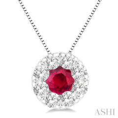 3.8 MM Ruby and 1/3 Ctw Round Cut Lovebright Diamond Precious Pendant With Chain in 14K White Gold