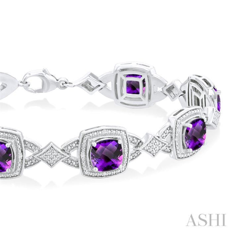 1/10 ctw Cushion Shape 7X7 MM Amethyst and Round Cut Diamond Semi Precious Bracelet in Sterling Silver