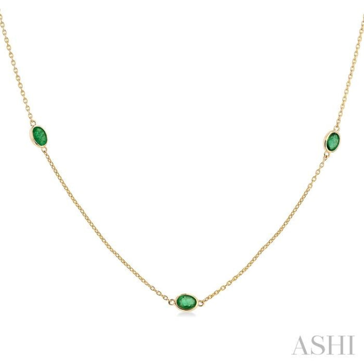 4X3MM Oval Cut Emerald Precious Station Necklace in 14K Yellow Gold