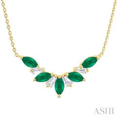 5X2.5MM Marquise Cut Emerald and 1/6 ctw Baguette Cut Diamond Precious Gemstone Necklace in 14K Yellow Gold