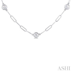 1 ctw Bezel Set Round Cut Diamond Paper Clip Station Necklace in 14K White Gold