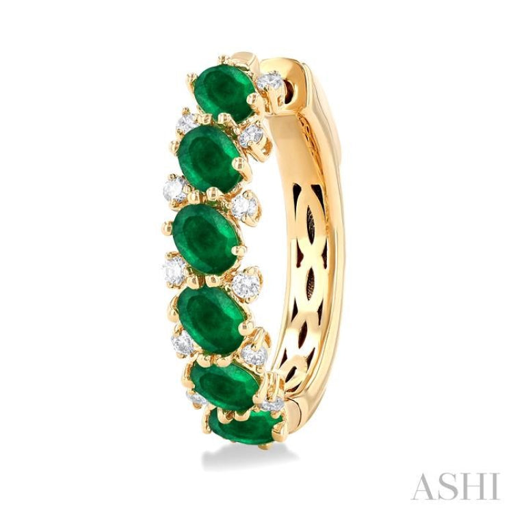 1/4 Ctw Oval Cut 4X3 MM Emerald and Round Cut Diamond Precious Hoop Earring in 14K Yellow Gold