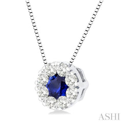 1/3 ctw Round Cut and 3.8MM Sapphire Lovebright Diamond Precious Pendant With Chain in 14K White Gold