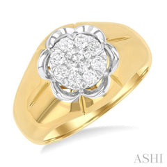 3/4 ctw Floral Center Lovebright Round Cut Diamond Men's Ring in 14K Yellow and White Gold