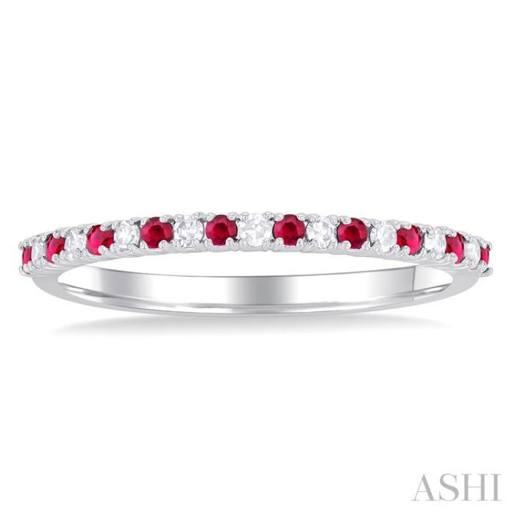 1/10 Ctw Petite 1.35 MM Ruby and Round Cut Diamond Precious Stack Band in 10K White Gold